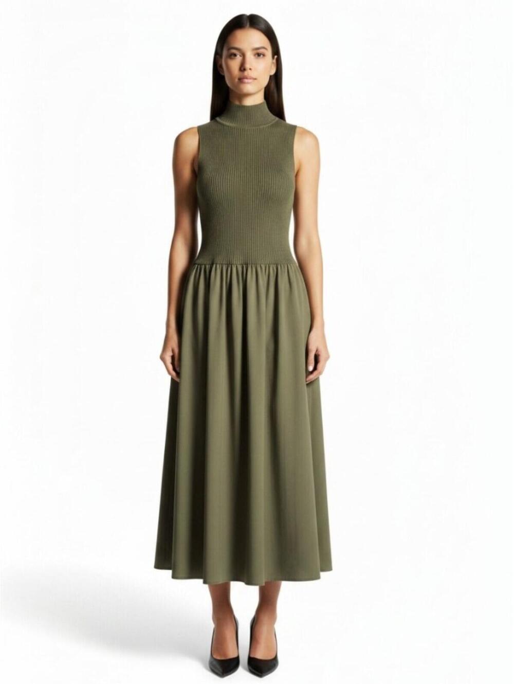 Elan Green Midi Dress Regular XS Sleeveless Mock Neck Solid Viscose Rayon NWT